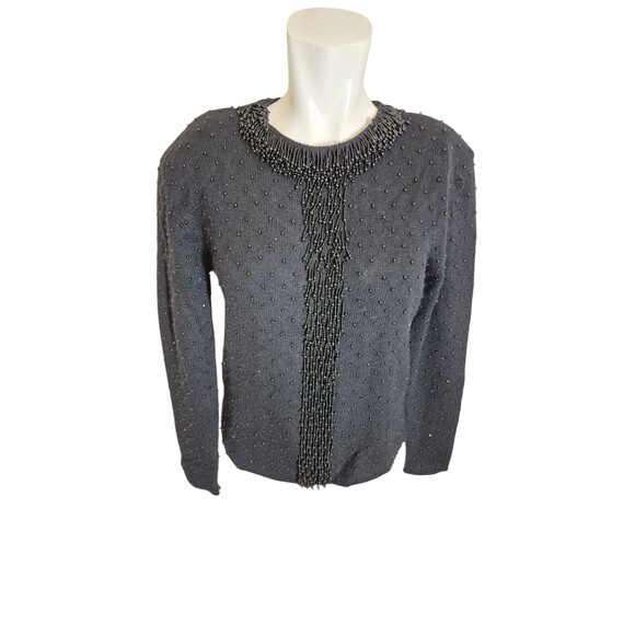 Anne Klein VTG 90s Y2K Beaded Sweater Lambswool Angora Sweater Black Sz S NEW - Picture 1 of 6